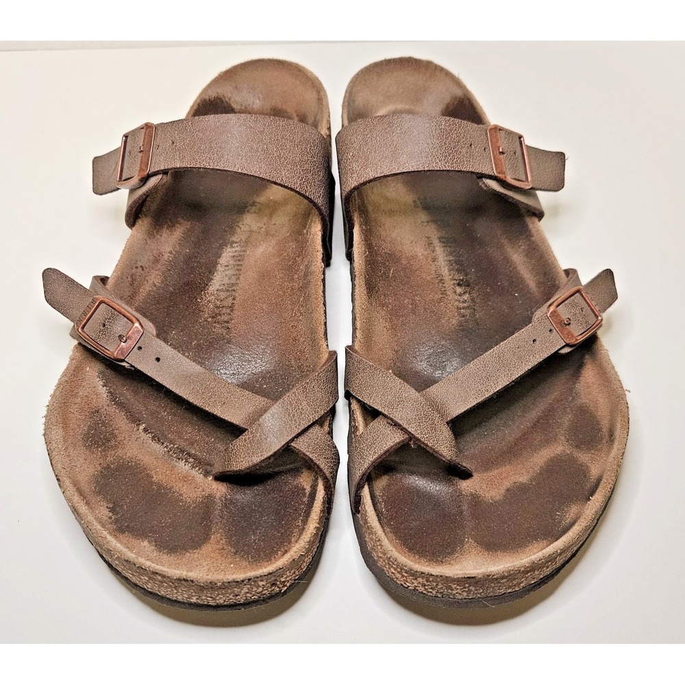 Birkenstock Mayari Size 43 Brown Flip Flop Leather Sandal Cork Wedge Heel - Picture 5 of 10